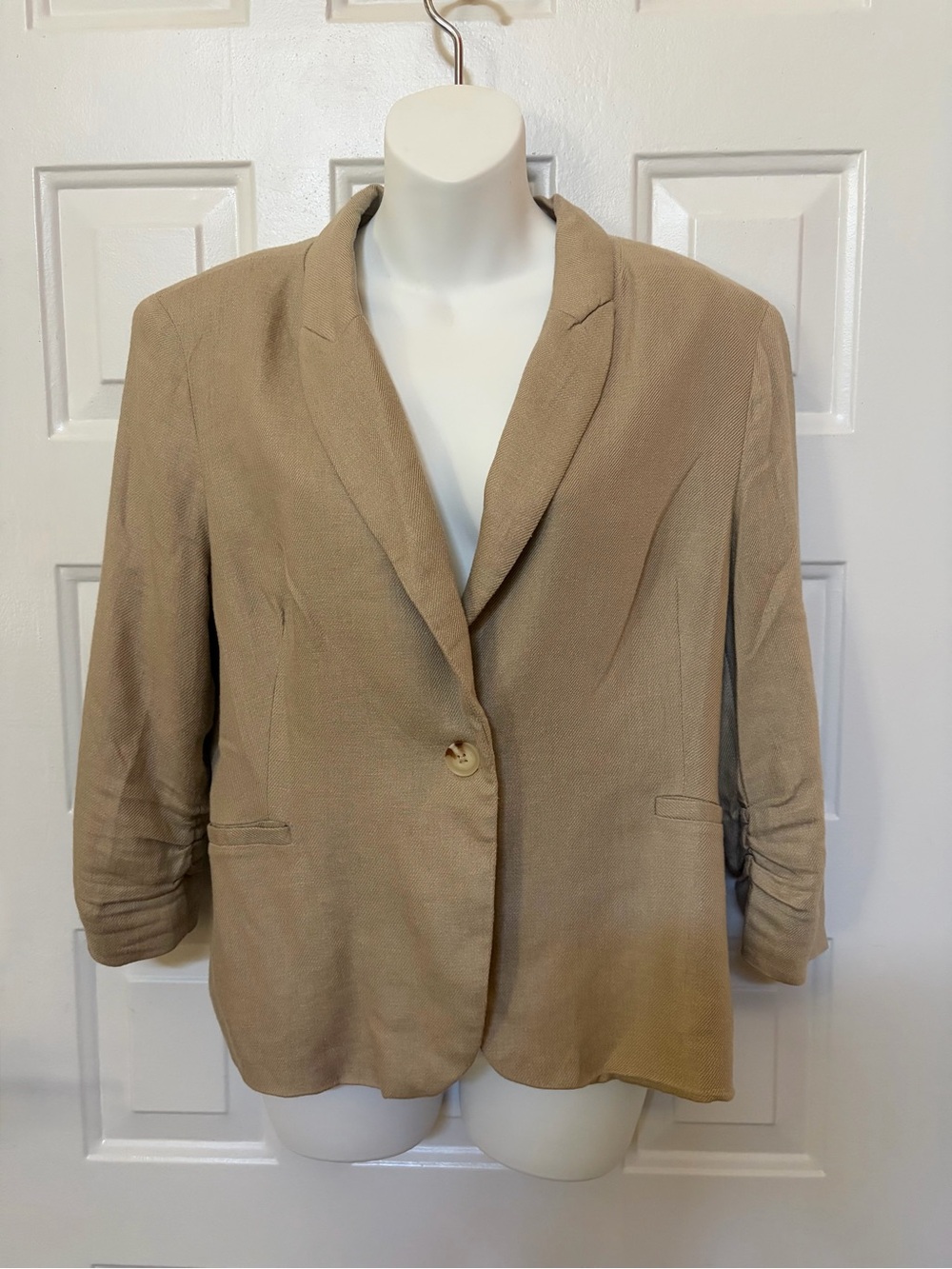 Jules and Leopold Linen Jacket L Cream Ruched Sleeve Short Blazer Linen Blend